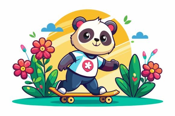 Download Skateboard Panda Road Cartoon with Flowe - Premium Bundle